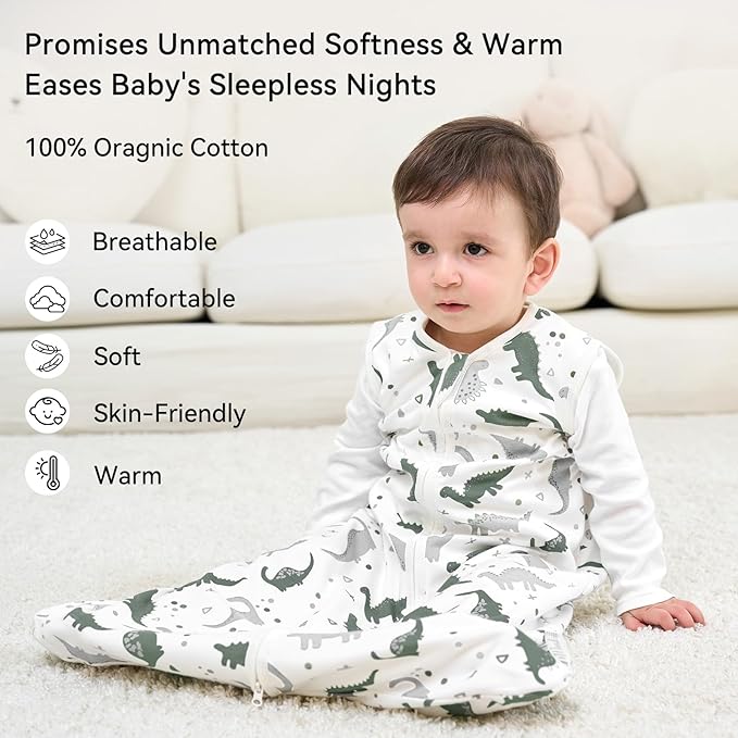 Baby Sleep Sack 12-18 Months 1.0 Tog Baby Wearable Blanket 100% Cotton Sleeping Sack with 2-Way Zipper for Toddler Infant Gray White Dinosaur