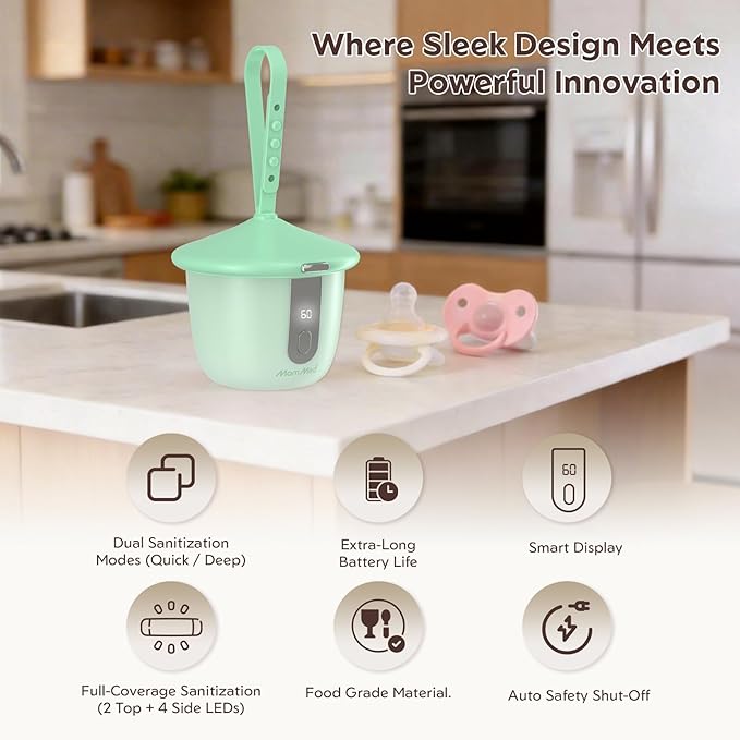 MomMed Portable Pacifier Sanitizer with Smart Display, Dual 60/180s Disinfection Modes, Auto Shut-Off, UV Pacifier Holder Case for Baby Pacifiers, Teethers, Bottle Nipples and More(Green)