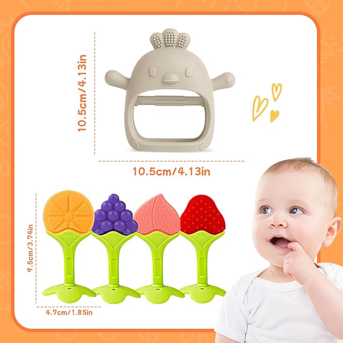 Tinabless Baby Teething Toys 5 Pack, Silicone Teething Mitten & Hand Teethers for Babies 3+ Months, BPA-Free Food Grade Silicone Chew Toys, Anti-Drop, Freezer Safe, Caramel