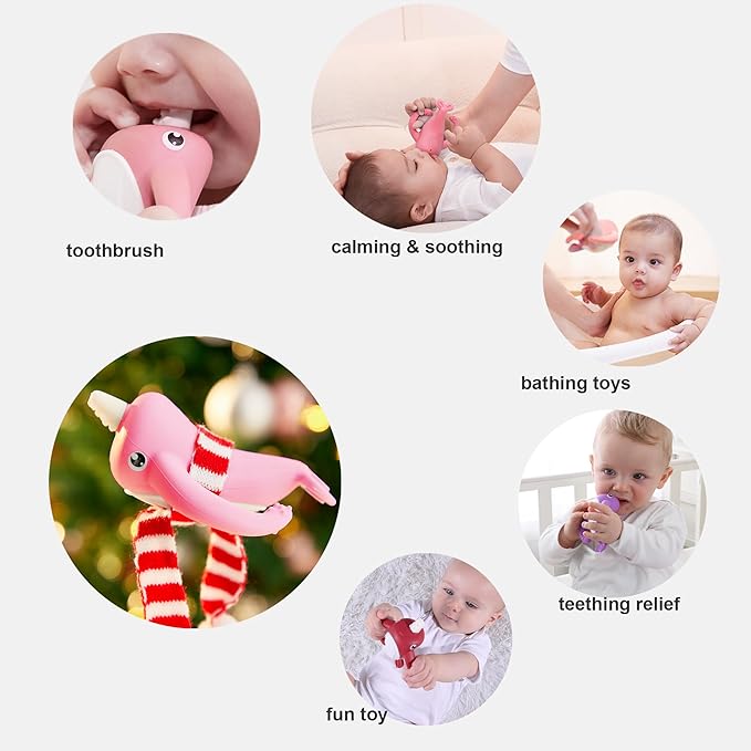 Smily Mia Narwhal Silicone Baby Teething Toys for 3-6 6-12 Months, Teething Relief Toys, Food Grade Silicone Teether Baby Toys, Sensory Toys for Teething Babies, Baby Essential, BPA Free, Pink