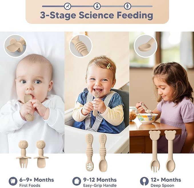 Silicone Baby Feeding Set Plates and Utensils Set for Baby Toddlers Infant Kids,forks and spoons baby plates with suction,baby spoons self feeding 6 months,baby feeding essentials (Beige)