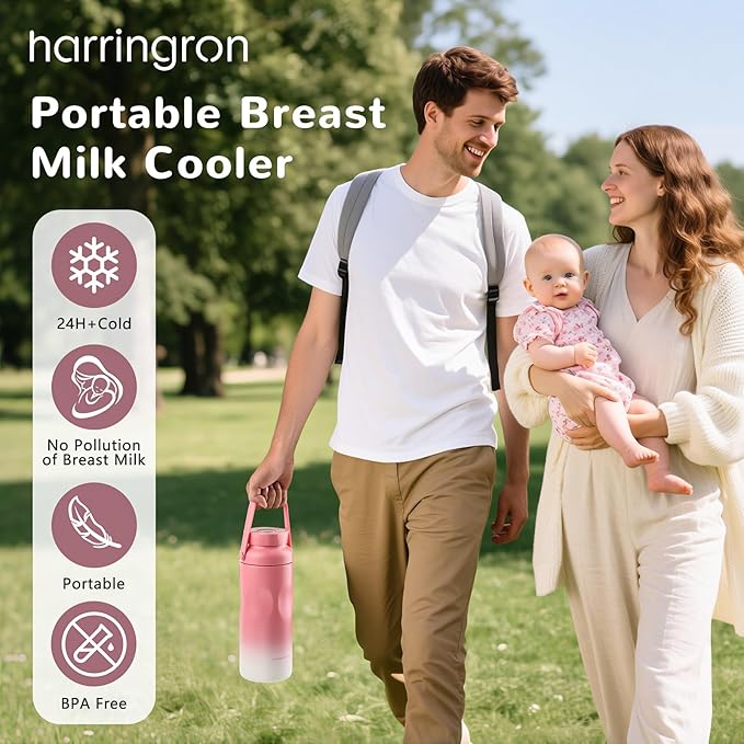 Portable Breast Milk Cooler Bottle for Travel - 22oz Breastmilk Chiller with 2 Baby Bottles, Reusable Storage Container 360° Total Cooling for 24 Hours, Outdoor Thermos for Breastfeeding Moms, Pink