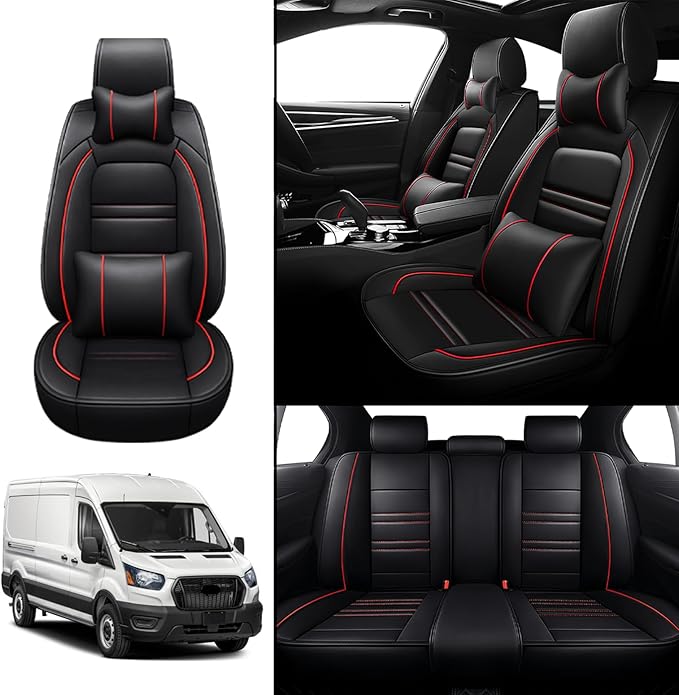 Car Seat Covers for Ford Transit 2014-2024 | 5-Seats Seat Covers, Waterproof Seat Protectors, Automotive Seat Covers (Full Set with Pillow,Black&Red Line)