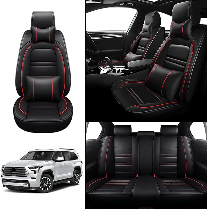 Car Seat Covers for Toyota Sienna 2004-2025 | 5-Seats Seat Covers, Waterproof Seat Protectors, Automotive Seat Covers (Full Set with Pillow,Black&Red Line)