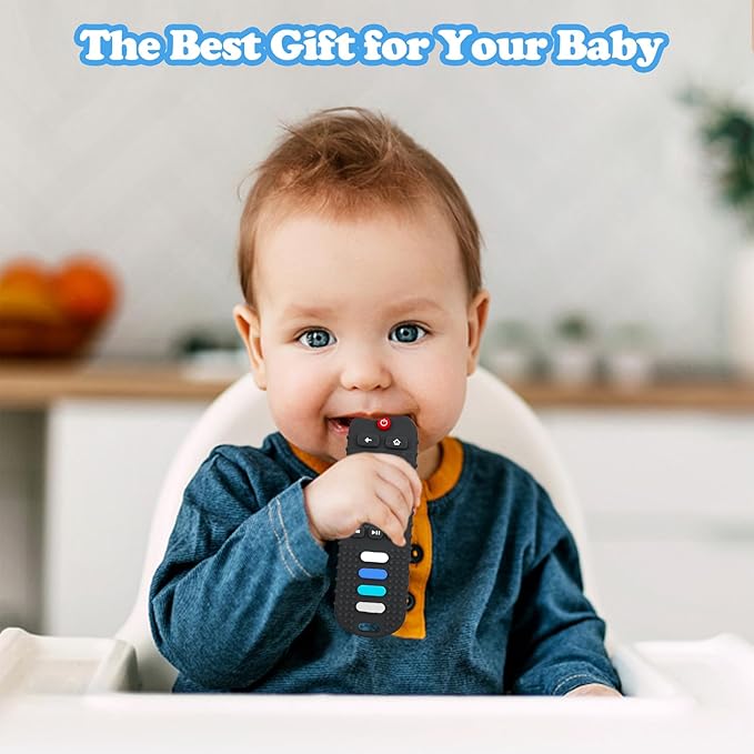 Baby Teething Toys, Food Grade Silicone Teether for Babies 3 6 12 18 Months, TV Remote Shape Toddlers Chew Toys, Freezer BPA Free (Black+Beige)
