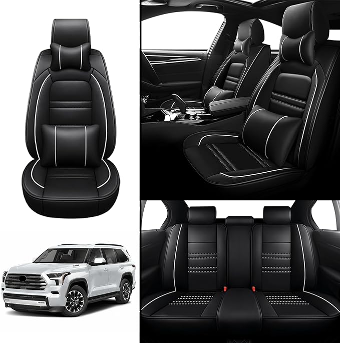 Car Seat Covers for Toyota Sequoia 2008-2025 | 5-Seats Seat Covers, Waterproof Seat Protectors, Automotive Seat Covers (Full Set with Pillow,Black&White Line)