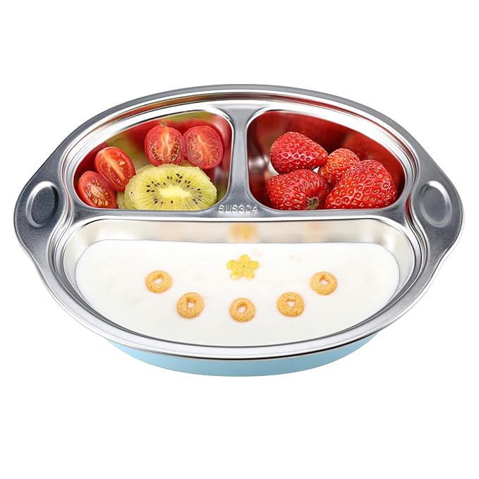 MR. CHOU Stainless Steel Baby Suction Plate, Divided Plates for Babies & Toddlers, 100% Food Grade Kids Plates for Baby Led Weaning, BPA Free Toddler Feeding Supplies, Dishwasher Safe, Blue