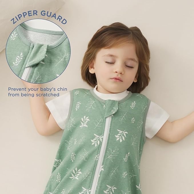 Duomiaomiao 3-Pack Baby Sleep Bag, 100% Organic Cotton Lightweight Wearable Blanket, Breathable Comfy Toddler Sleeping Sack (0.5tog Green Leaves, Large)