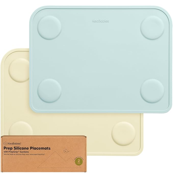KeaBabies 2-Pack Silicone Placemats for Toddlers - 12x9 Non Slip Suction Baby Silicone Placemat for Kids Eating, Easy to Clean, Busy Travel Baby Mat for Dining Table, Food Grade/BPA-Free (Pastel Sky)