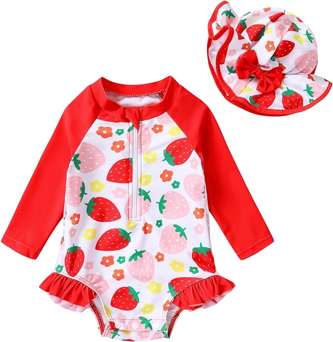 Infant Baby Girl Swimsuit One-Piece Long Sleeve Rash Guard with Hat Set Floral Zipper Bathing Suit Leopard Beach Wear