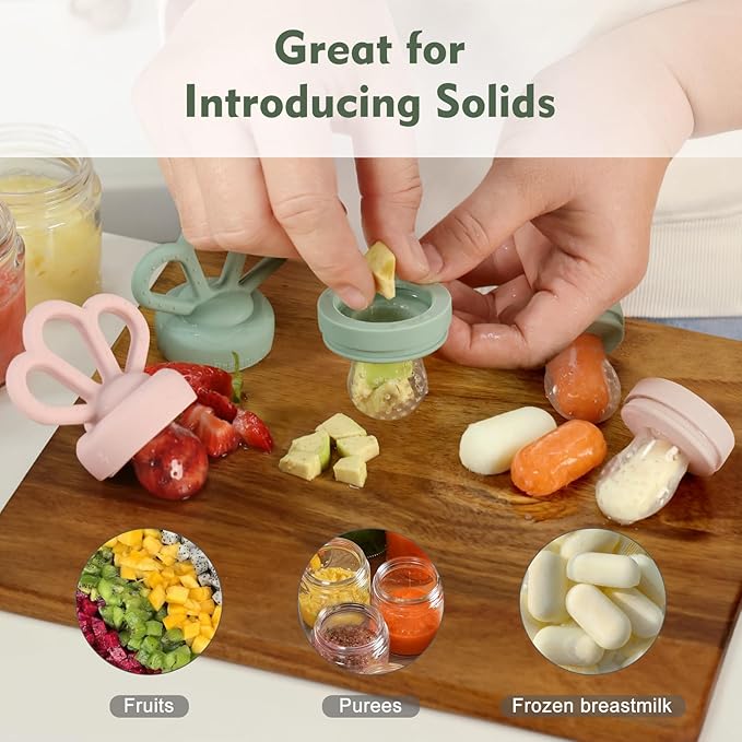 Bessentials Carrot Baby Fresh Fruit Food Feeder & 2 Pack Silicone Mesh Feeders | Safe Infant Self-Feeding|Includes 3 Sizes of Food Pouches |Suitable for Baby 4M+|BPA-Free (Lilac & Misty Green)