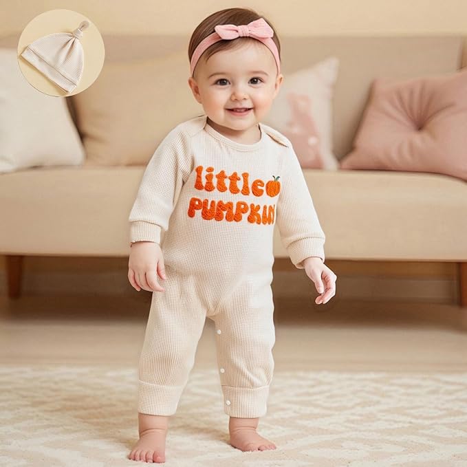 Newborn Infant Baby Boy Halloween Outfit Little Pumpkin Embroidery Romper Waffle Knit Long Sleeve Jumpsuit with Hat