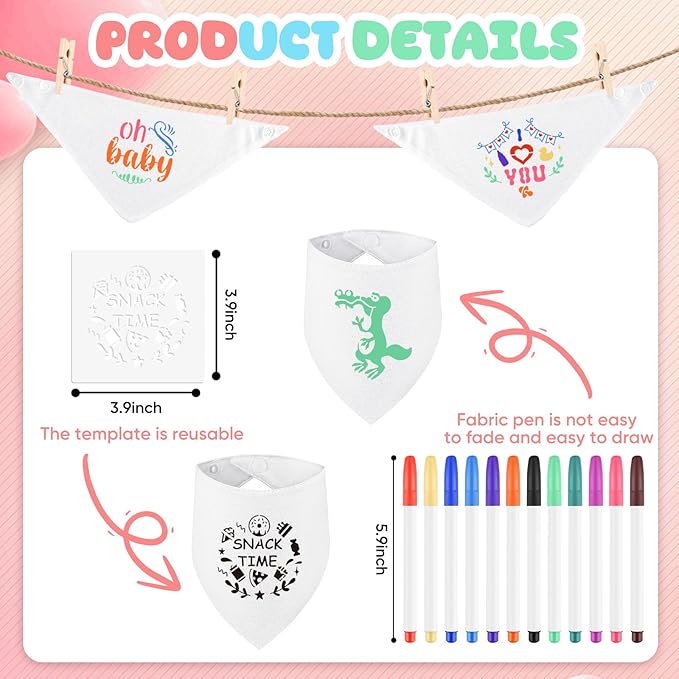 NACHLYNN 110 Pcs White Baby Bibs Baby Shower Games Set Including 24 Blank Baby Bibs 24 Stencils 49 Clothespins 12 Fabric Markers 1 Hemp Rope for Boys Girls Gender Reveal Party
