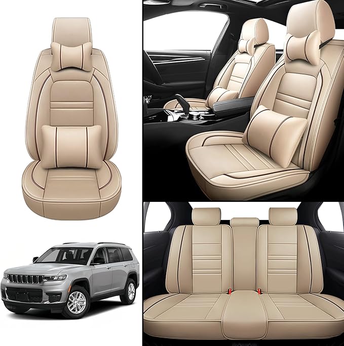 Car Seat Covers for JP Grand Cherokee 2011-2025 | 5-Seats Seat Covers, Waterproof Seat Protectors, Automotive Seat Covers (Full Set with Pillow,Beige)