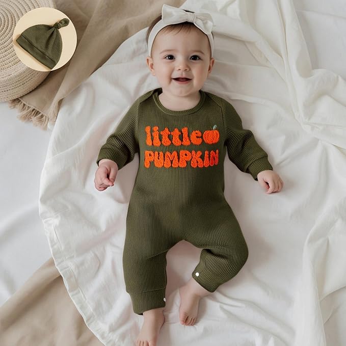 Newborn Infant Baby Boy Halloween Outfit Little Pumpkin Embroidery Romper Waffle Knit Long Sleeve Jumpsuit with Hat