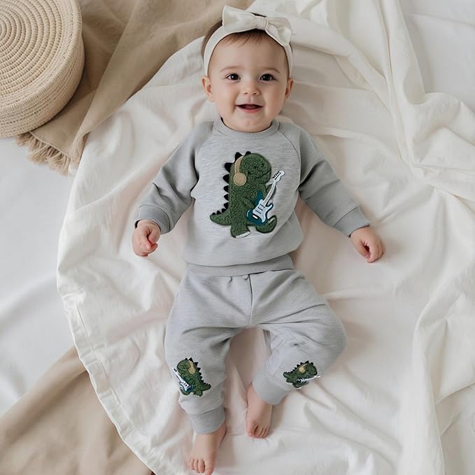 Nyapruwe Toddler Baby Boy Fall Outfit Funny Print Long Sleeve Sweatshirt Joggers Pants Set Kids Warm Winter Clothes