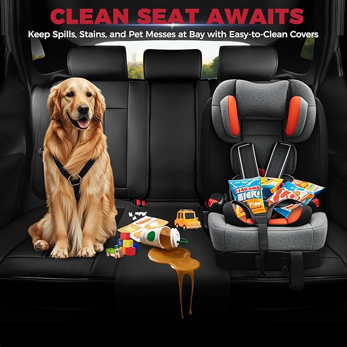 FREESOO Black Car Seat Covers Full Set, Universal Leather Seat Covers for Cars Trucks SUV, Waterproof Car Seat Cover Back Seat and Front, Breathable Car Seat Protector Cushion Fit for Most Vehicles
