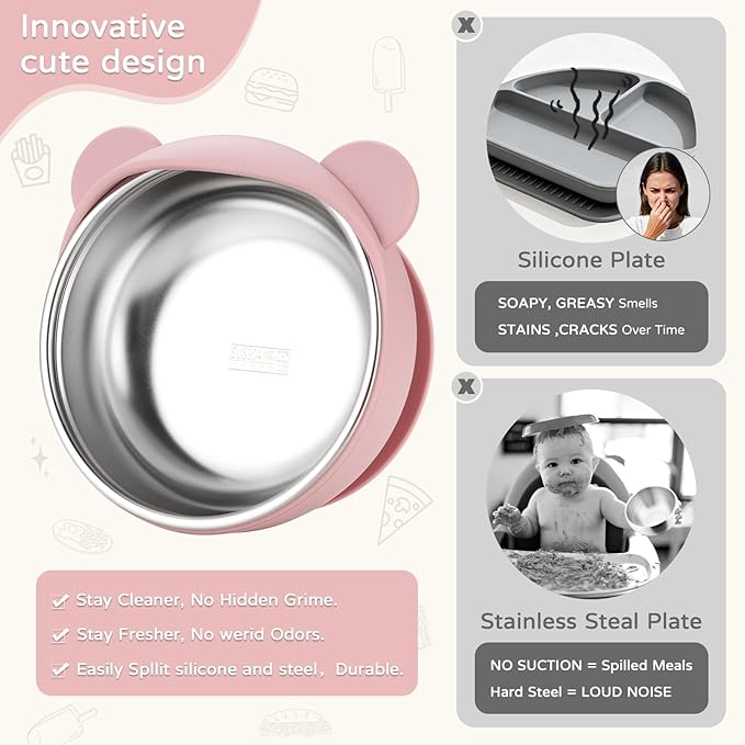 Toddler Plates and Bowls Set Stainless Steel - Bathchef Baby Feeding Set Strong Suction, BPA Free Durable Divided Plates, Safe Self Baby Feeding Utensils,Cup,Spoon,Fork,Dishwasher Safe,6pcs,Pink