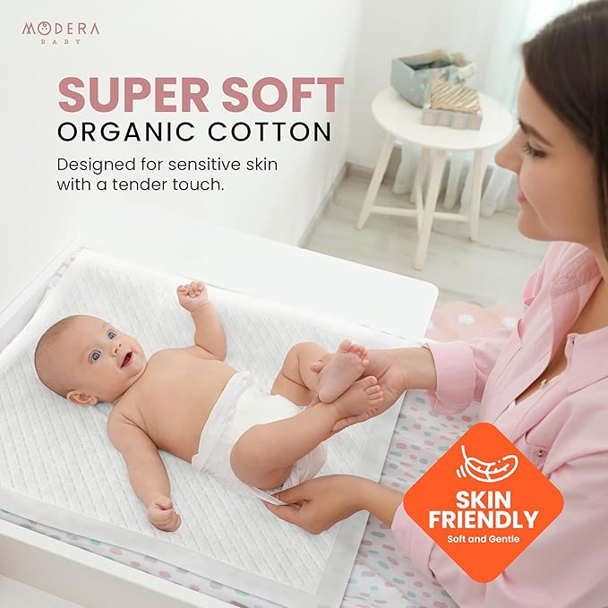 Organic Cotton Disposable Changing Pad Liners | XL-Large (30x18) Hypoallergenic Super Soft Ultra Absorbent & Waterproof Quilted Underpads for Baby Diaper Table & Travel, Leak Proof, Mess Free, 50-Pack