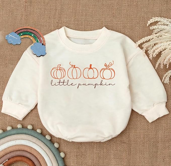 2PC Little Pumpkin Baby Romper, Infant Halloween Ghost Outfit, Fall Baby Girl Boy Bodysuit, Long Sleeve Autumn Clothes