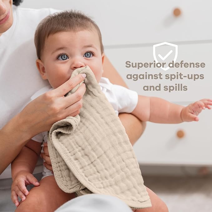 Comfy Cubs Muslin Burp Cloths 20" x 10", Pack of 10 - Large, 6-Layer, Ultra Absorbent 100% Cotton for Baby Drool and Messes - Soft, Safe & Gentle Baby Burp Cloths for Boys & Girls - Sand