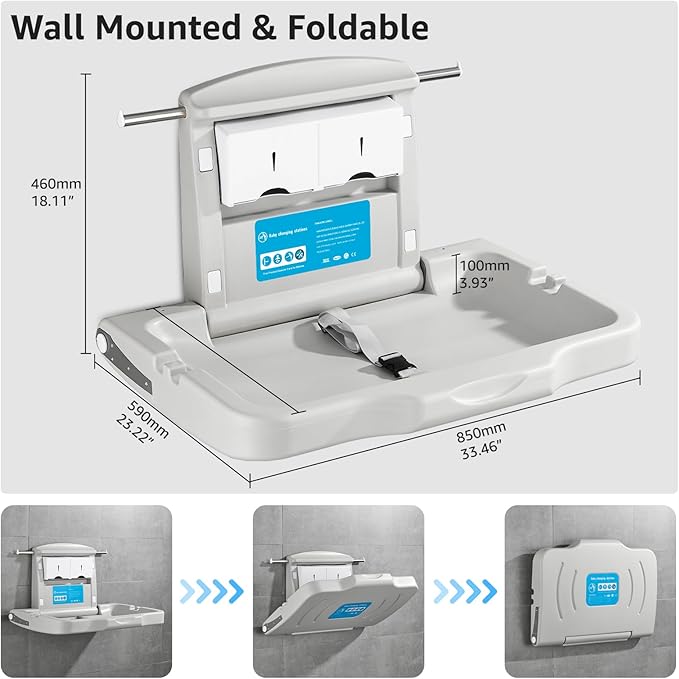 Baby Changing Station Wall Mounted: Horizontal Diaper Changing Table Foldable Diaper Tables with Safety Strap, ADA Complaint for Commercial Bathroom/Nursery/Public Restroom