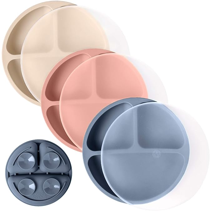 WeeSprout Suction Plates with Lids for Babies & Toddlers - 100% Silicone, Dinnerware Stays Put, Divided Design for Picky Eaters, Microwave & Dishwasher Friendly, 3 Pack