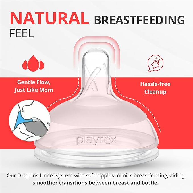 Playtex Baby Anti-Colic Nurser Bottles with Pre-Sterilized Disposable Drop-Ins Liners, 4 Oz Bottles (3 Count), Includes Slow Flow Nipples for Newborn and Breastfeeding Babies, Feeding Essentials