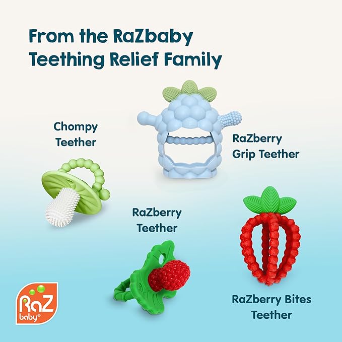 RaZbaby RaZberry Grip Silicone Teether Toy for 3M+ | Drop Resistant Hand Held Teether for Babies and Infants - Designed by Nature with Our Patented BerryBumps Multitextured Design | 3M+, Red