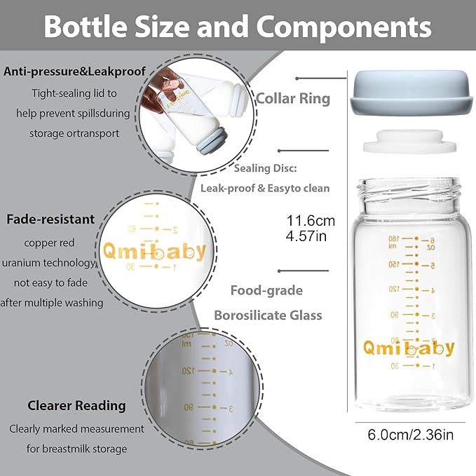 Breast Milk Storage Bottles 240ml 8oz BPA-Free Leak-Proof Natural Baby Bottle for Breastmilk Storage Wide Neck Bottles with Screw Ring Sealing Disk Breastfeeding (Grey+Pink, 240ml-6Packs)