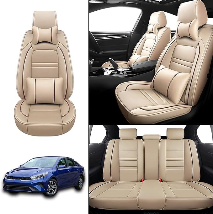 Car Seat Covers for kia Forte 2010-2024 | 5-Seats Seat Covers, Waterproof Seat Protectors, Automotive Seat Covers (Full Set with Pillow,Beige)