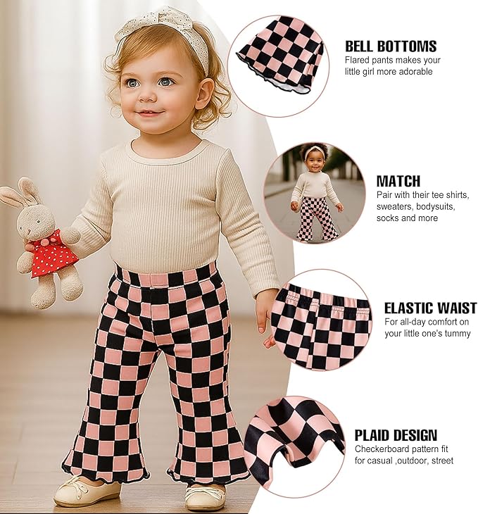 SOBOWO Checkered Baby Girl Flare Pants 3 Pack Toddler Bell Bottoms Plaid Ruffle Leggings Pants Fall Winter Outfits Size 6M-4T