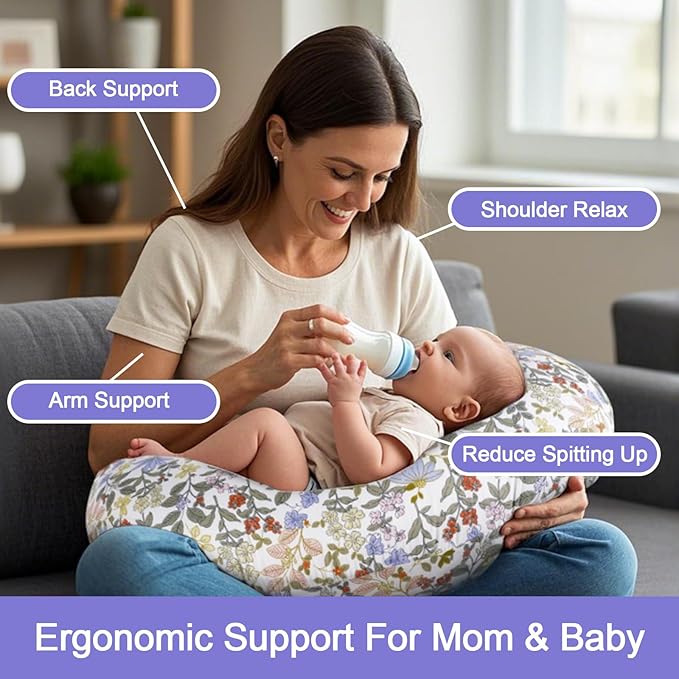 Nursing Pillow, Breastfeeding Pillows with Standard Size Removable Cover, Breast Feeding Pillow with Breathable Filling, Ergonomic Nursing Essentials for Bottle and Breastfeeding- Flower