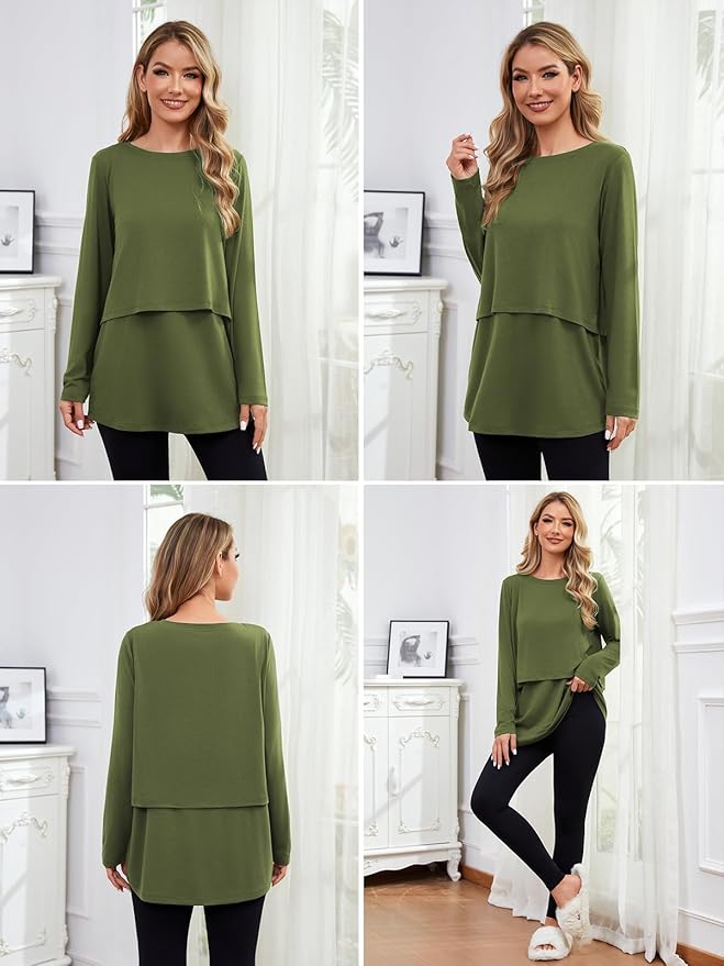 Ecavus Women's 3Pack Maternity Nursing Shirts Long Sleeve Double Layer Breastfeeding Shirts Comfy Pregnancy Clothes