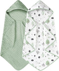Yoofoss Hooded Baby Towels for Newborn 2 Pack 100% Muslin Organic Cotton Baby Bath Towel with Hood for Babies, Infant, Toddler and Kids, 32x32Inch, Soft and Absorbent Newborn Essential,Forest