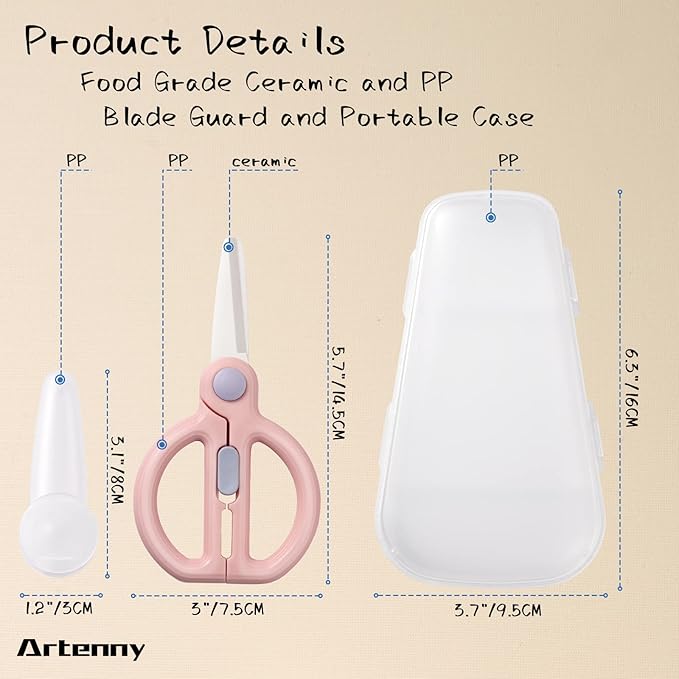Baby Food Scissors with Travel Case, Ceramic Food Scissors Kids, Toddler Scissor with Safety Lock, Ideal for Pizza, Meats, Noodles, Vegetables, and Fruits (C)