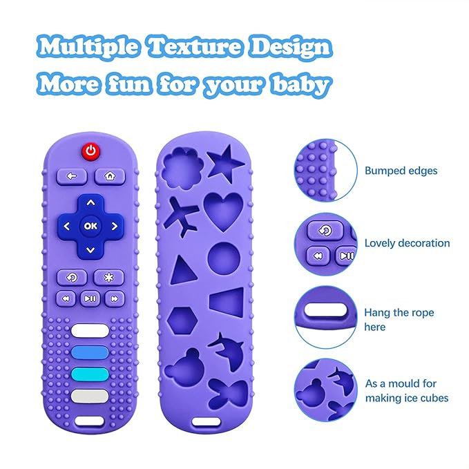 Baby Teething Toys, Food Grade Silicone Teether for Babies 3 6 12 18 Months, TV Remote Shape Toddlers Chew Toys, Freezer BPA Free (Blue+Beige)