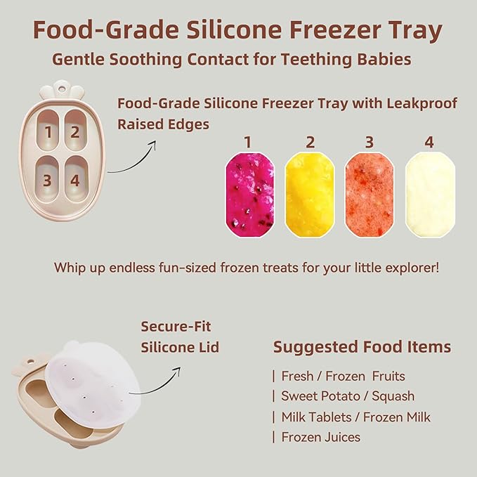 4 Pack Stylish Anti-Drop Baby Fruit Feeder & Breastmilk Popsicle Molds for Teething with Lids, The Perfect Food Feeder, Teether Pacifier, Easy-to-Clean Silicone Feeder Teethers, Extra Silicone Clips