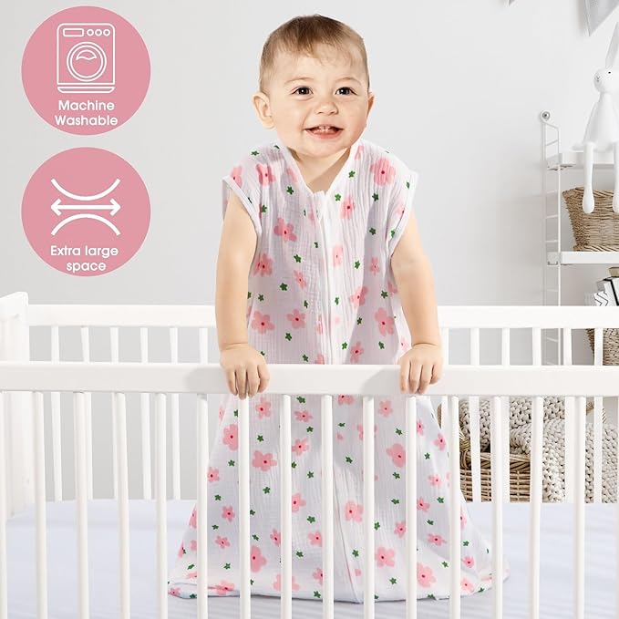 2 Pack Baby Sleep Sack 18-24 Months 100% Organic Cotton Muslin Baby Sleeping Bag 2-Way Zipper Wearable Blankets (Flower & Cherry, X-Large)