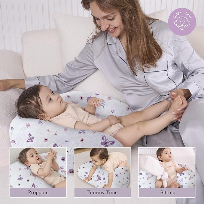 Little Grape Land Nursing Pillow, Soft 100% Cotton Breastfeeding Pillow with Breathable Muslin Removable Cover, Purple Butterfly Breast Feeding Pillows for Babies 0-12 Months with Protective Zipper