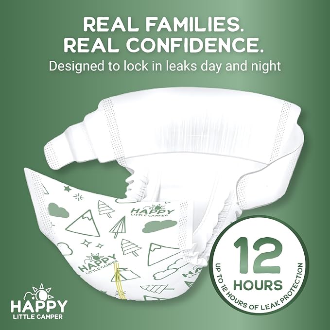 Happy Little Camper Ultra-Absorbent Super Saver Baby Diapers Size 2 - Hypoallergenic, Unscented & Chlorine-Free Disposable Diapers (200 Count) Come with Flushable Wipes (200 Count) for Sensitive Skin