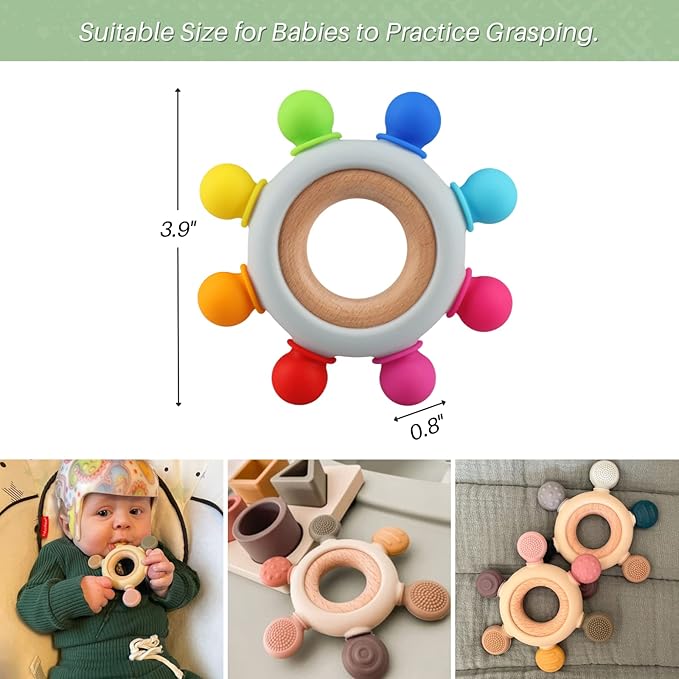 Baby Teething Toys, Silicone Chewable Teethers with Wooden Ring for Soothing Babies Gums, Rudder Chewers Shower Gift for lnfants & Toddlers, 3+ Months (8 Directions, Rainbow)