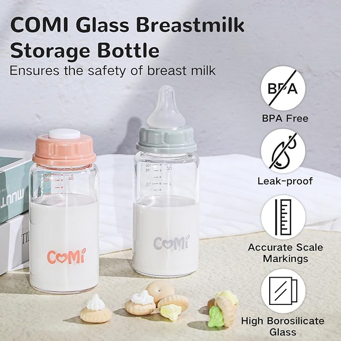 COMI Natural Glass Baby Bottle,Standard Neck Breastmilk Storage Bottle for Fridge,Breast Milk Container,Breast Pump Bottle Compatible with Medela Breast Pump,BPA Free,4PCS (5oz, 2 Gray+2 Pink)