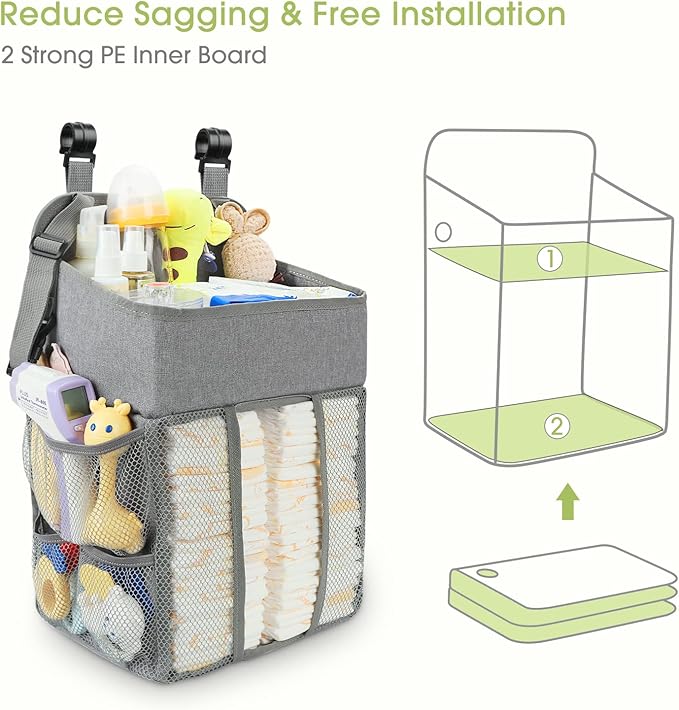 Maliton Changing Table Diaper Organizer - Baby Hanging Diaper Stacker Nursery Caddy Organizer for Cribs Playard Baby Essentials Storage - Hold 52+ Diapers - 18.5" x 10.5" x 8" (Gray)