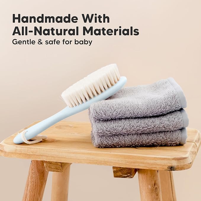 Wooden Baby Hair Brush - Cradle Cap Baby Brush with Soft Goat Bristles, Perfect Gentle Scalp Newborn Comb for Infant, Girls, Boys, Bath Essentials(Frost, Oval)