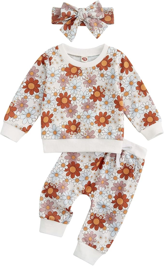 3Pcs Baby Girl Outfits Daisy Sweatshirt + Pants + Headband Infant Fall Winter Clothes