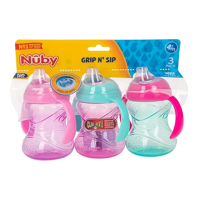 Nuby Clik-It Grip N' Sip Soft Spout No-Spill Training Sippy Cup with Handles -10 oz - 4+ Months - Aqua/Purple/Pink (Pack of 36)