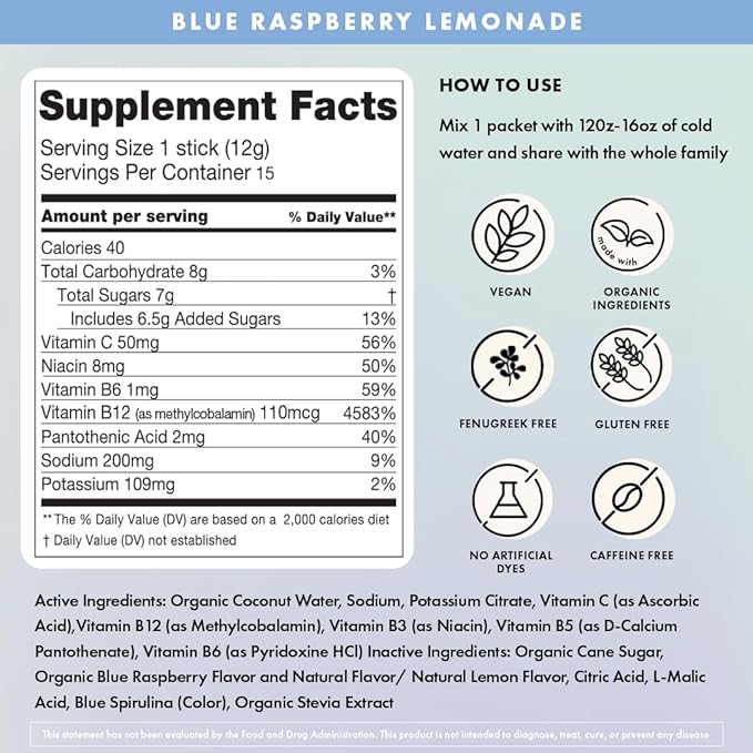 Boobie Hydromom Superfood Electrolyte Drink Mix, Blue Raspberry Lemonade | Refreshing Energy & Hydration Boost for Mamas | On-The-Go & Travel Essentials for Pregnancy, Lactation, & Beyond, 10 Packets