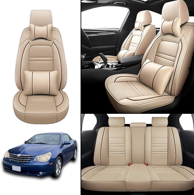 Car Seat Covers for Chrysler Car Sebring 2000-2010 | 5-Seats Seat Covers, Waterproof Seat Protectors, Automotive Seat Covers (Full Set with Pillow,Beige)