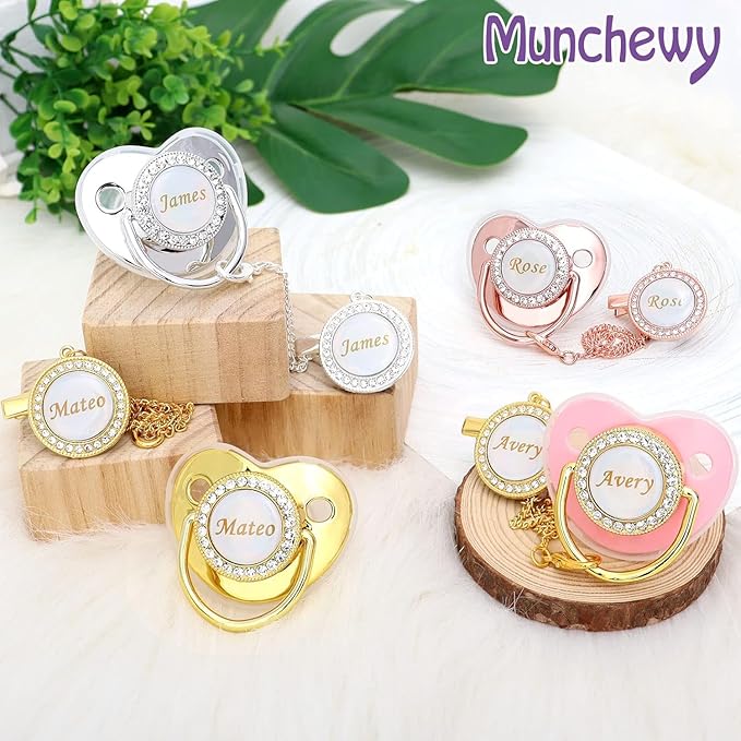 Personalized Pacifier with Name, Custom Pacifier Clip Set with Gift Box, Glitter Crystal Luxurious Bling Soother Dummy Ideal Gift for Baby Boys Girls Birthday Newborn Photography(Gold)